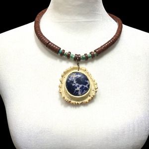 VINTAGE Navajo Clay Bead Heishi Turquoise & Sodalite Deer Antler Necklace